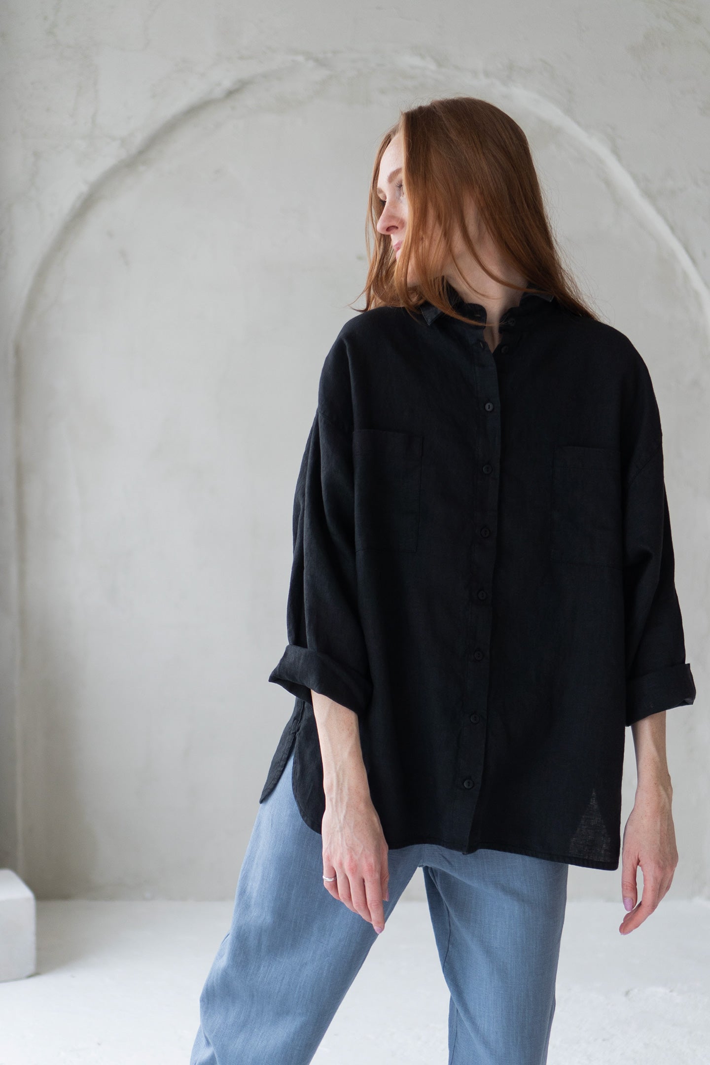 black oversize linen shirt