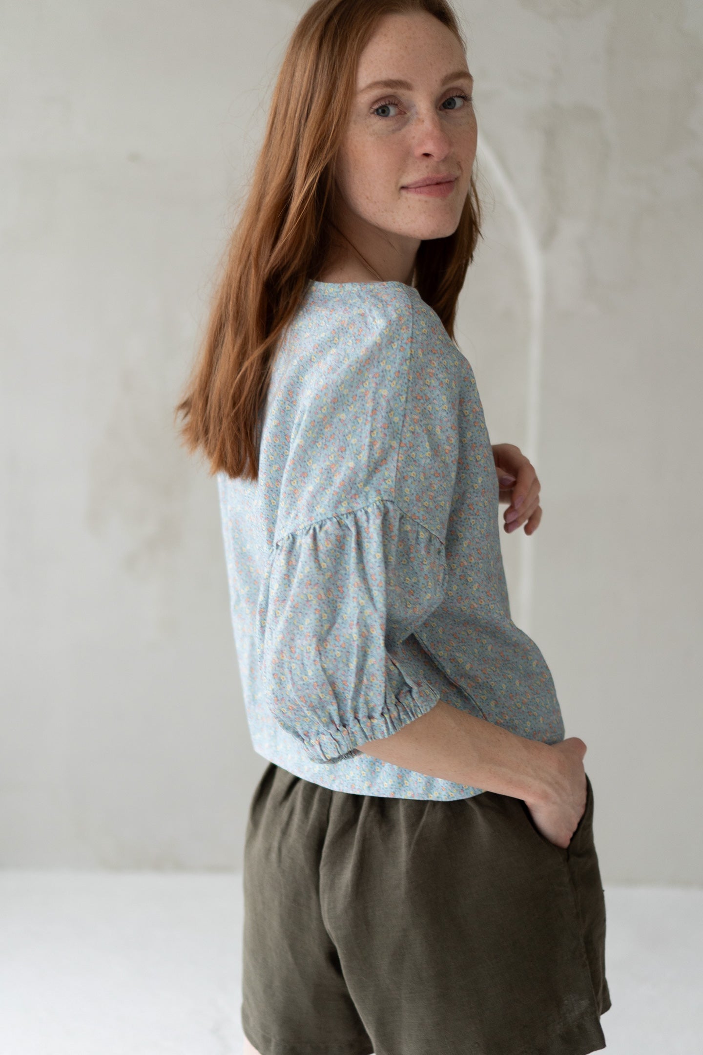 linen blouse with meadow print