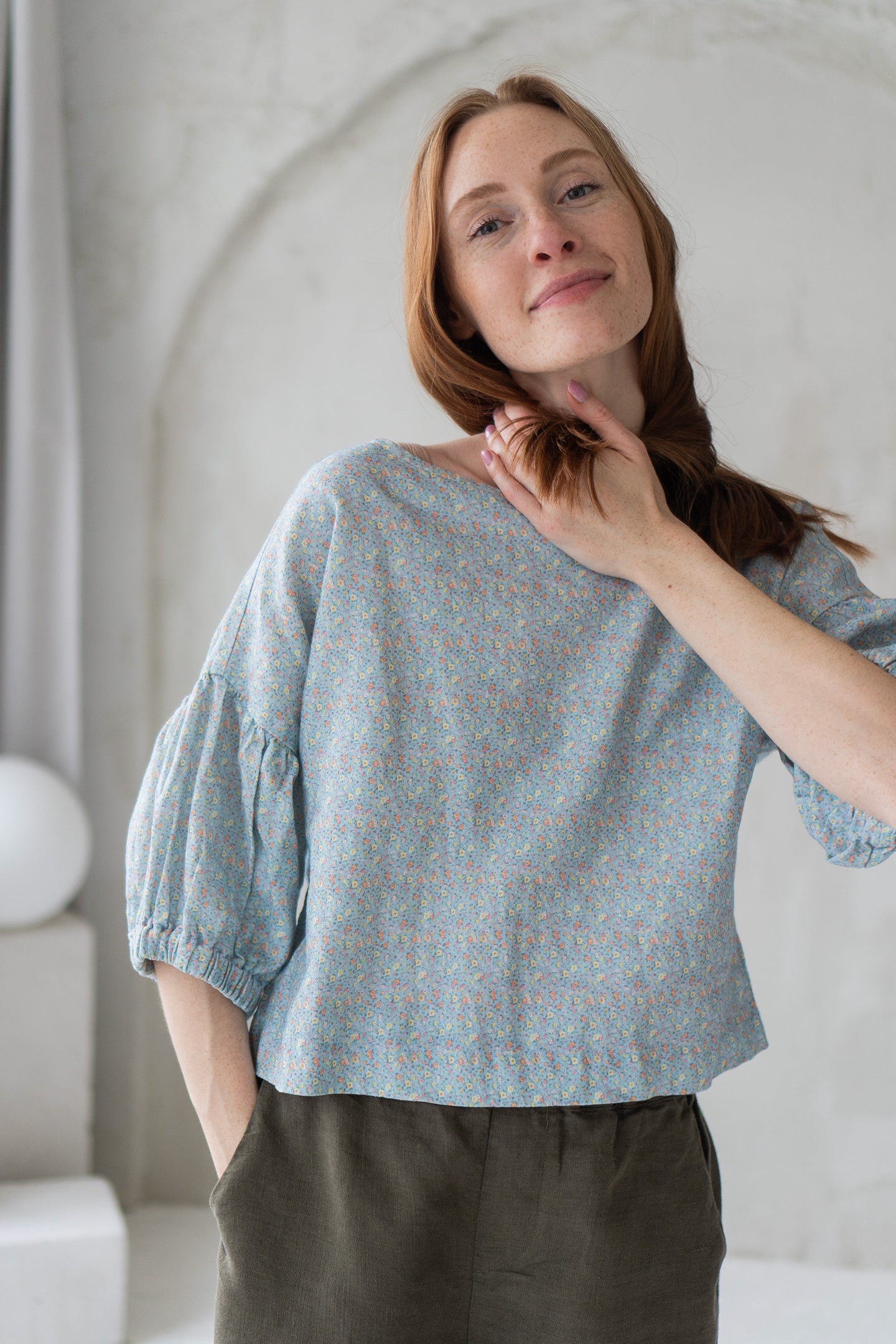 linen blouse with meadow print