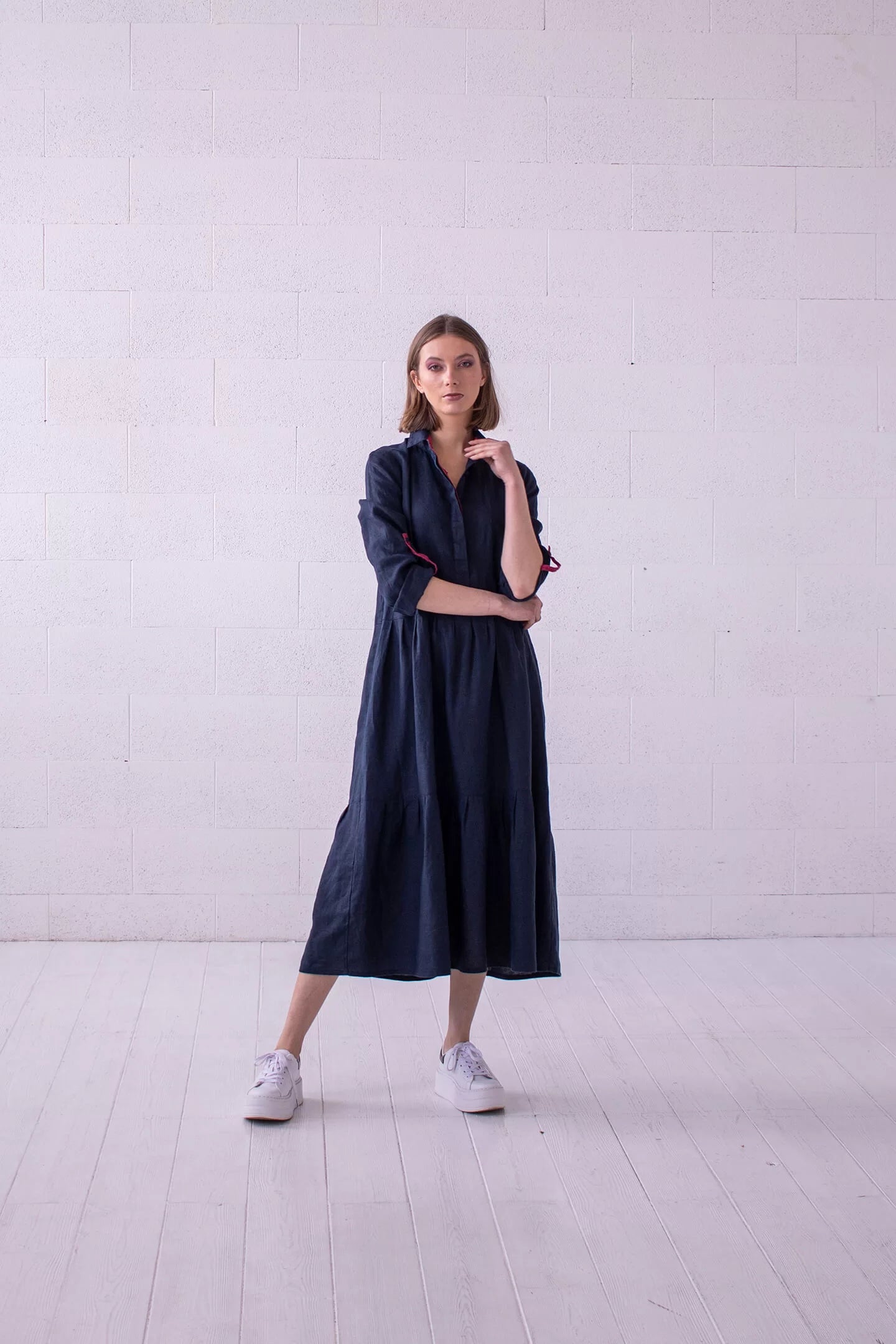 long linen dress dark blue