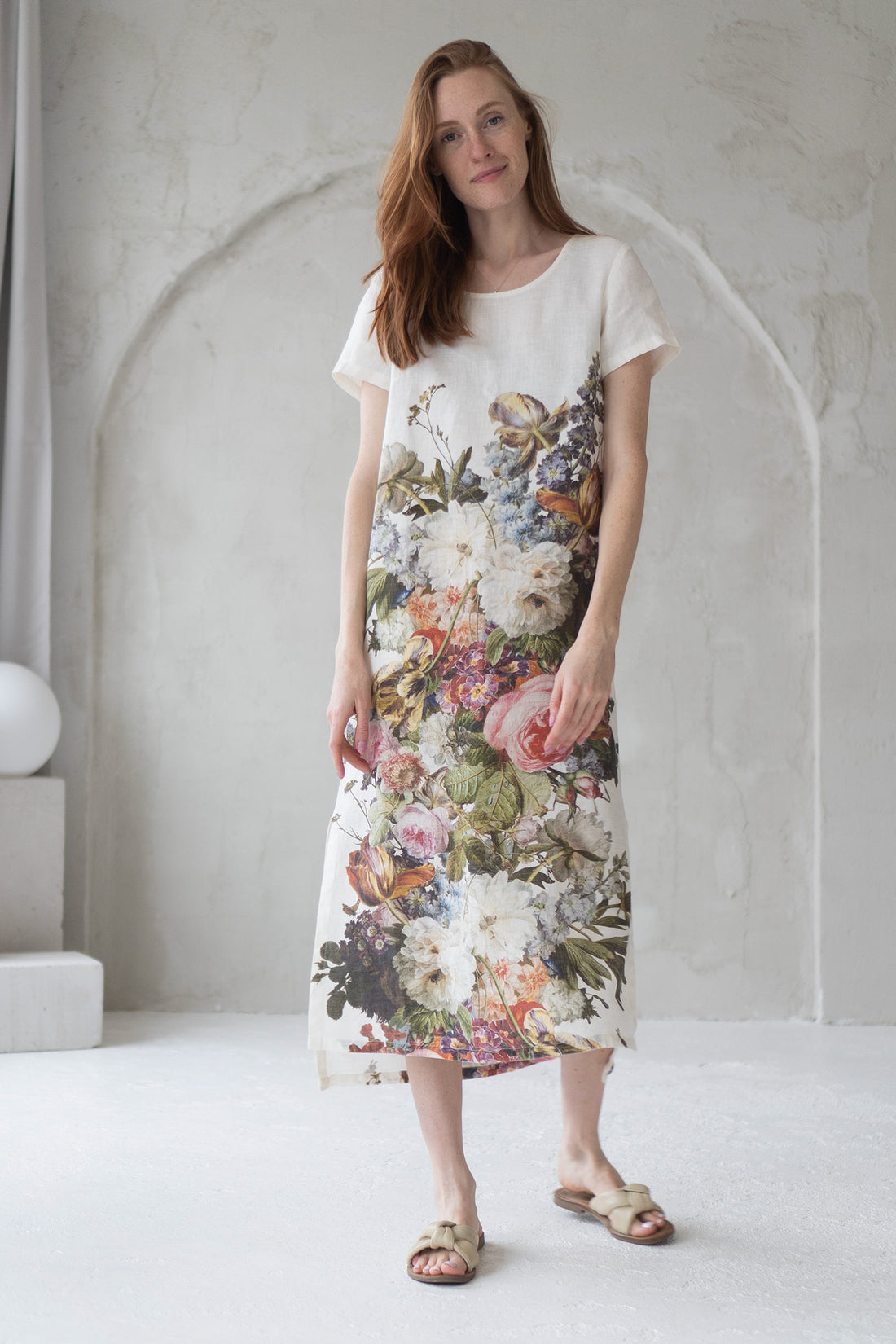 long linen dress with bouquet print