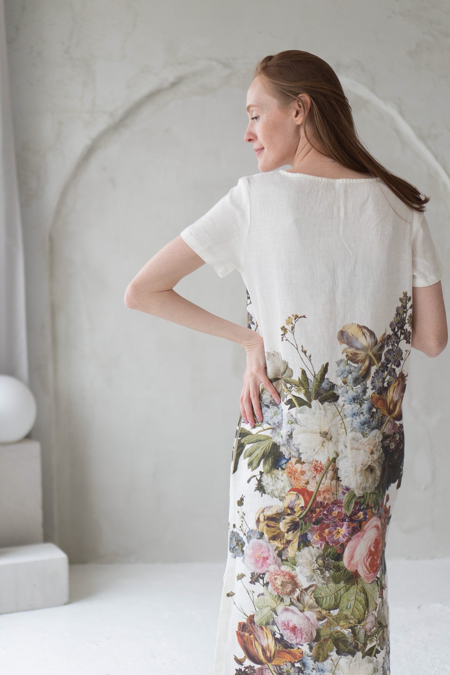 long linen dress with bouquet print