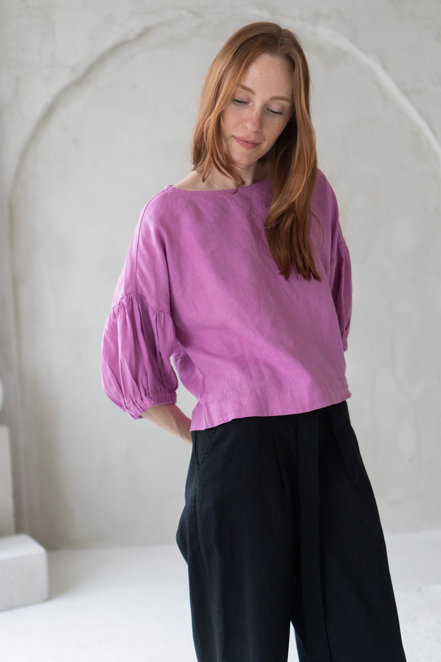 pink linen blouse