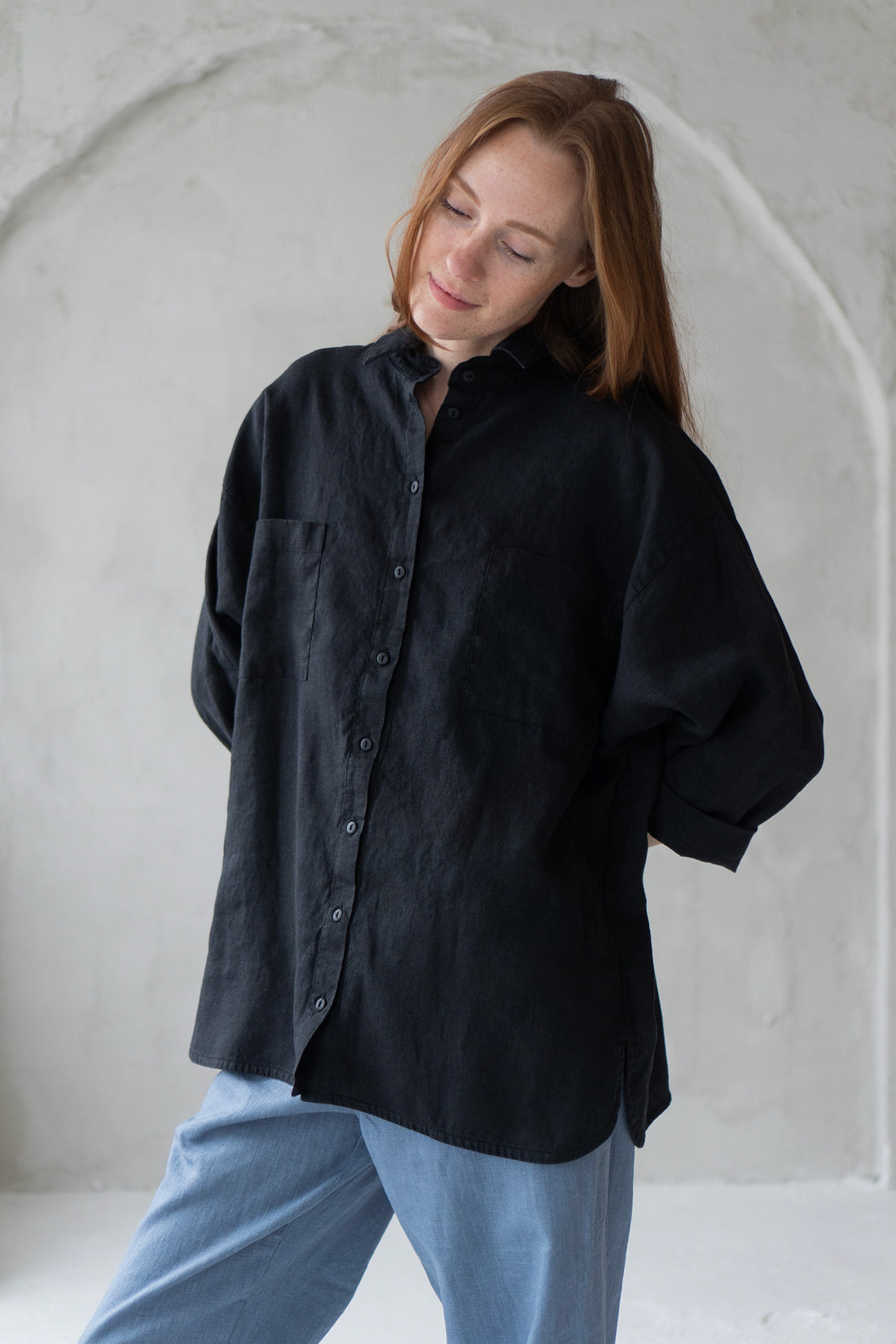 black oversize linen shirt
