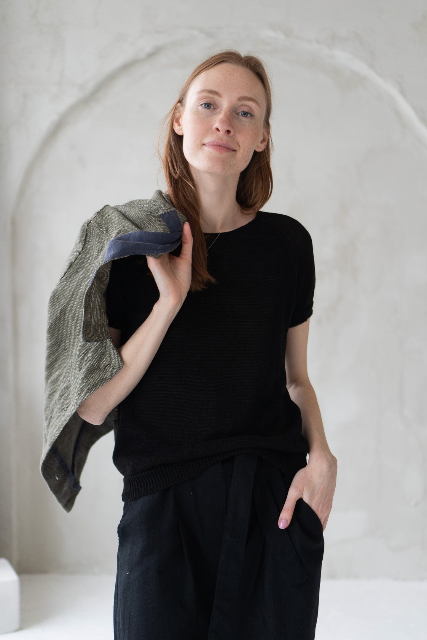 knitted linen blouse black