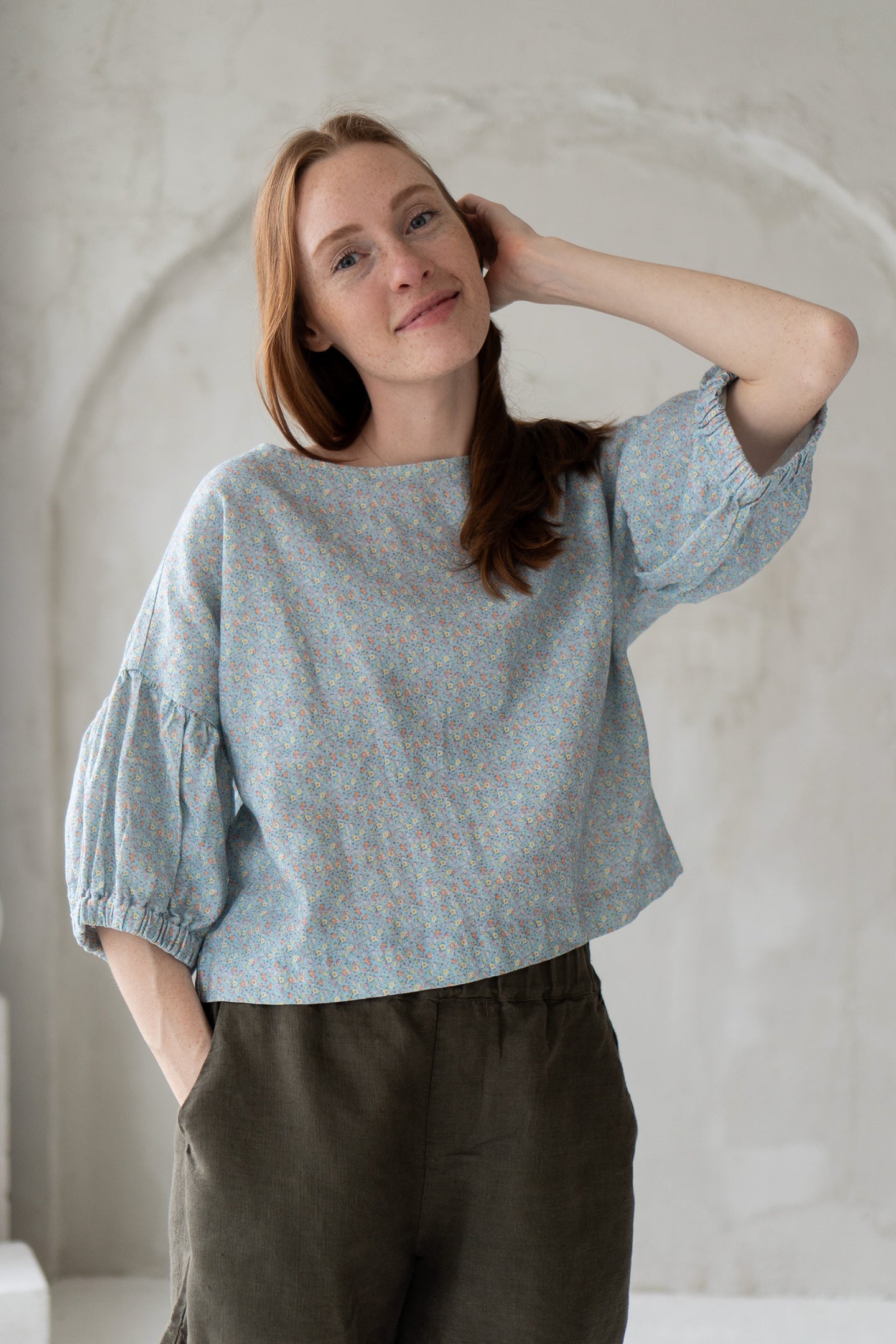 linen blouse with meadow print