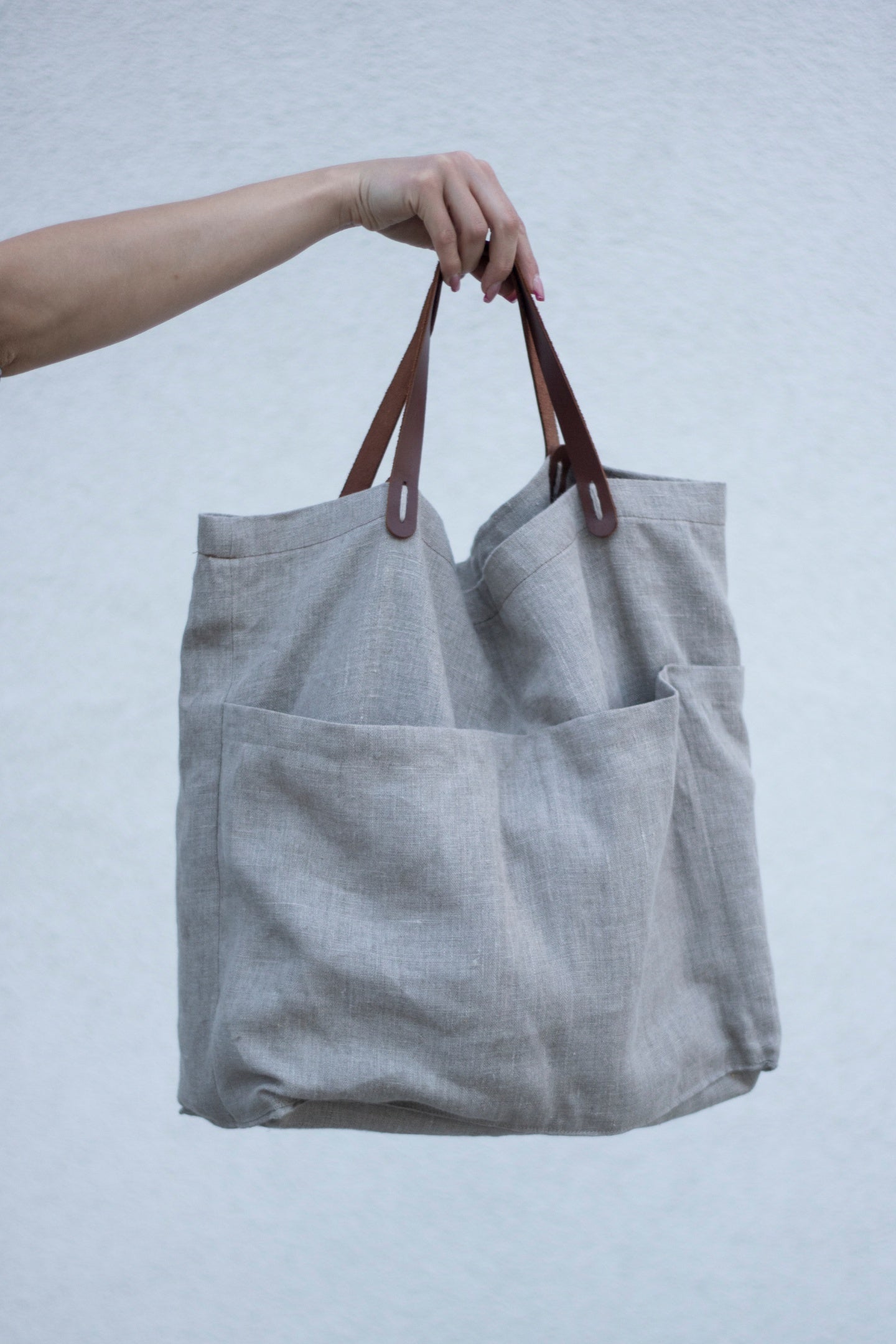 Lininis krepšys su odinėmis rankenomis