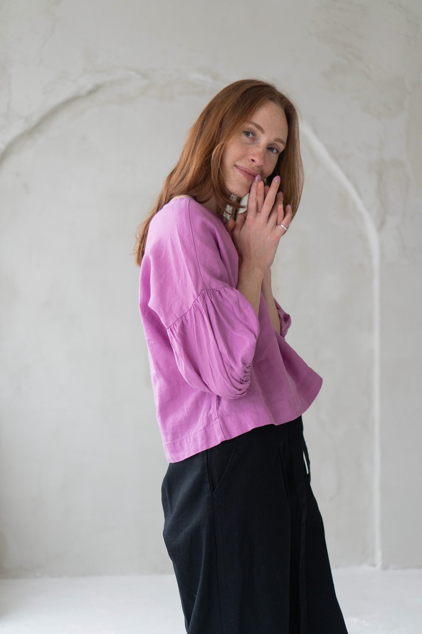 pink linen blouse